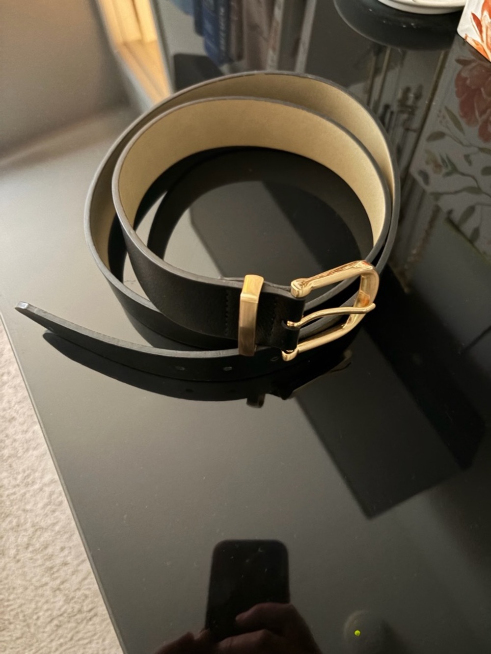 Black Leather Belt with Gold Buckle